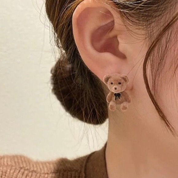Fuzzy Brown Teddy Bear Stuffed Animal Stud Earring Pair - Picture 1 of 10